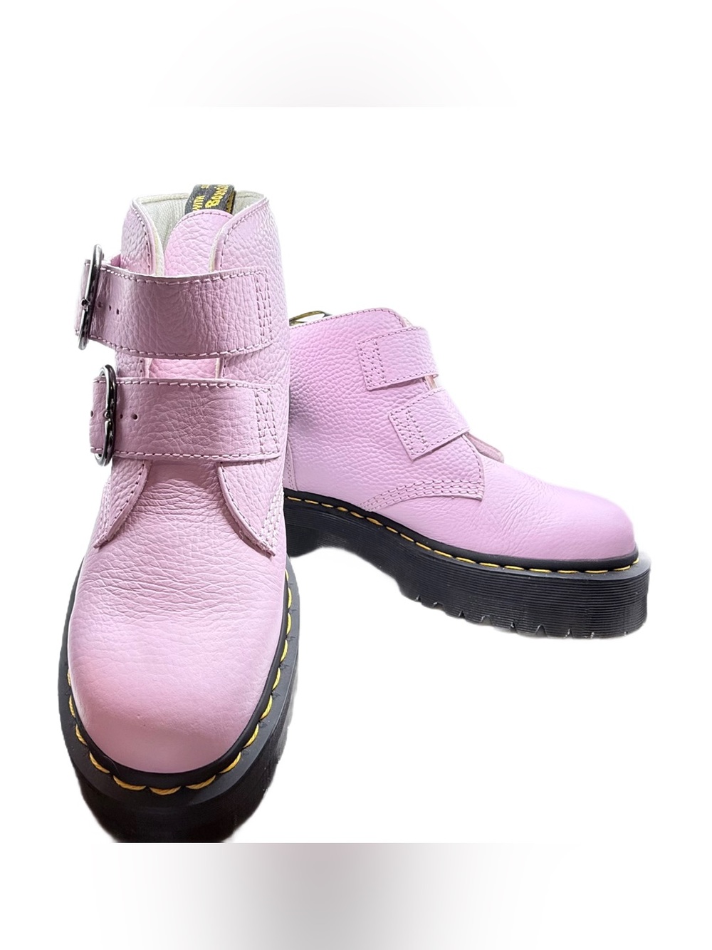 Dr. Martens Devon Heart Pink Leather Heart Buckle Platform Ankle Boots US 8